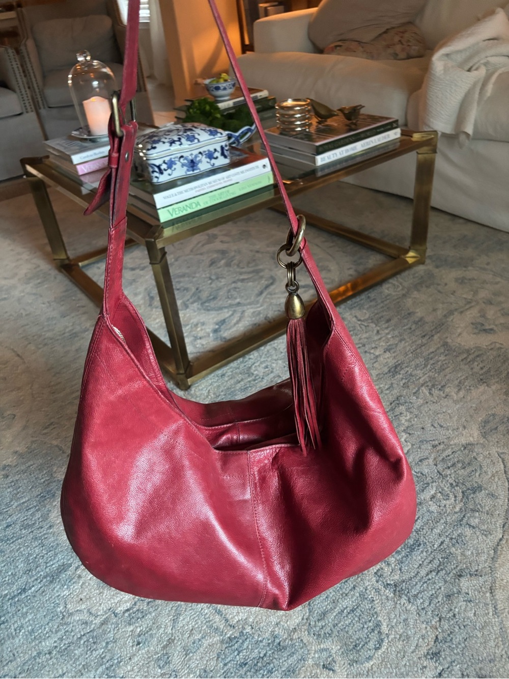 Vintage 90's Mussi Crimson Leather Shoulder Hobo Bag with Tassel